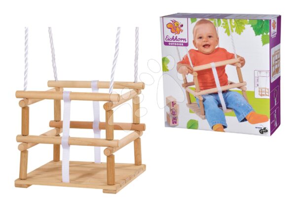 Dřevěná houpačka Outdoor Wooden Baby Swing Eichhorn přírodní 140–210 cm délka 30*30 cm sedátko 20 kg nosnost od 12 měsíců