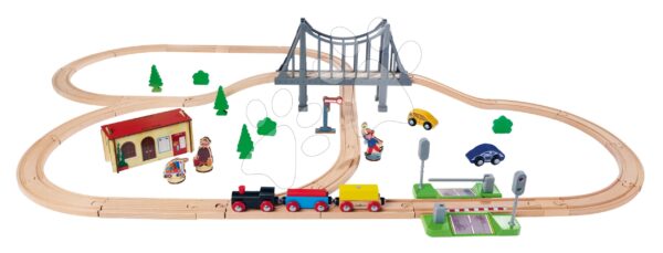 Dřevěná vláčkodráha Train Set with Bridge Eichhorn s lokomotivou vagony mostem a doplňky 55 dílů 500 cm délka kolejí