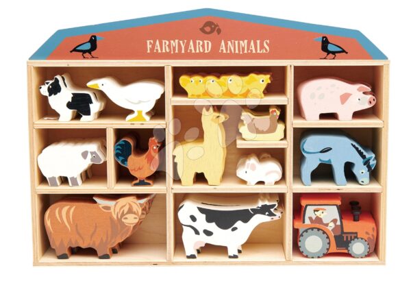 Dřevěná domácí zvířata na poličce 39 ks Farmyard set Tender Leaf Toys