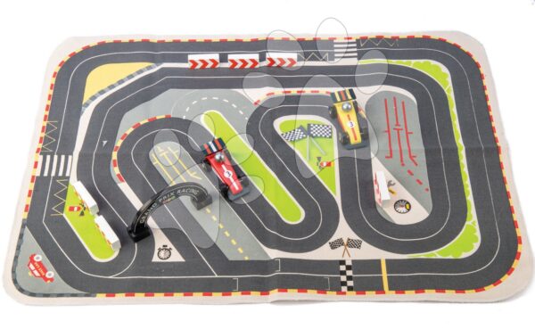 Dřevěná závodní auta Formula One Racing Playmat Tender Leaf Toys na plátěné dráze a s doplňky