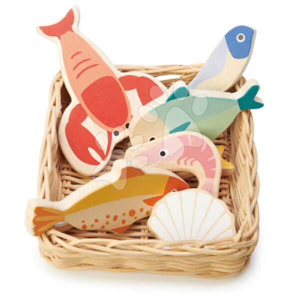 Dřevěný košík s mořskými plody Seafood Basket Tender Leaf Toys s rybami a mušlemi