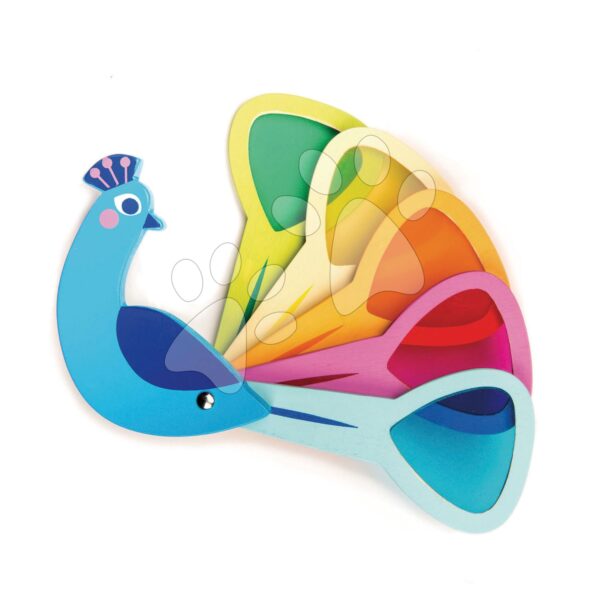 Dřevěný ptáček Peacock Colours Tender Leaf Toys s barevným peřím v ocase od 18 měsíců