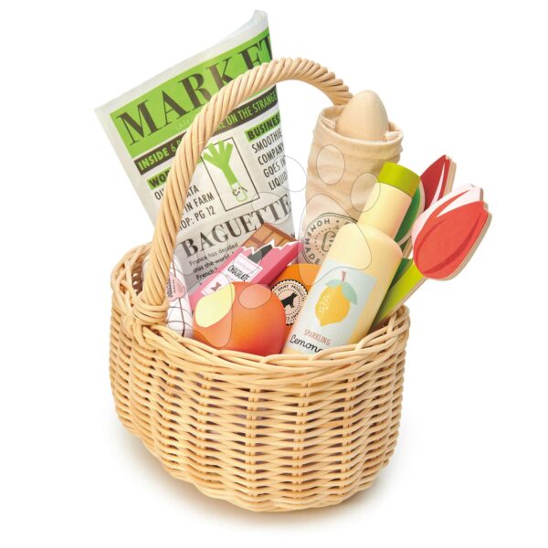 Dřevěný košík s tulipány Wicker Shopping Basket Tender Leaf Toys s čokoládou limonádou sýrem a jinými potravinami