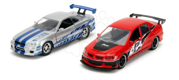 Autíčka Mitsubishi Lancer Evolution IX a Nissan Skyline GTR R34 Fast & Furious Twin Pack Jada kovová s otevíratelnými dveřmi délka 13 cm 1:32