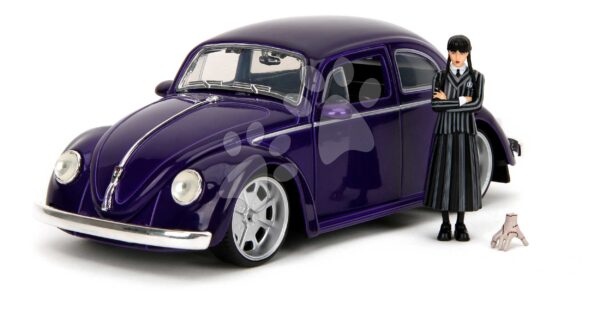 Autíčko Volkswagen Beetle Hollywood Rides Jada kovové s otevíratelnými dveřmi a figurkou Wednesday 1:24