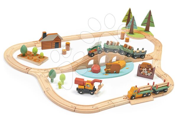 Dřevěná vláčkodráha v borovicovém lese Wild Pines Train set Tender Leaf Toys s vlakem a auty zvířátka s přírodou