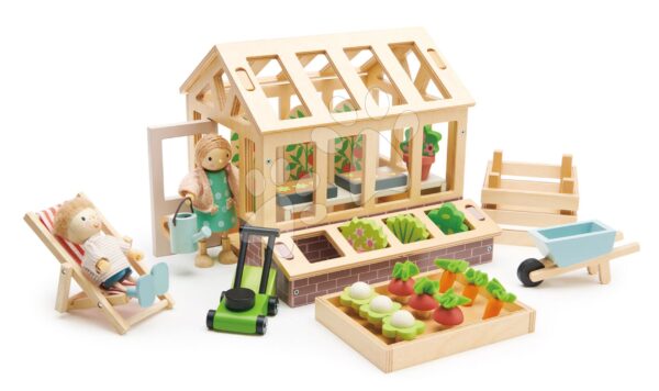 Dřevěný skleník Greenhouse and Garden Set Tender Leaf Toys s otevírací střechou a 9 druhů zeleniny pro panenku