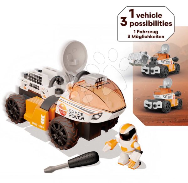 Stavebnice vesmírné autíčko 3v1 Space Rover Discovery Set Smoby 50 dílků se šroubovákem a figurka astronauta s pohyblivými končetinami