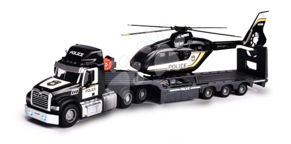 Tahač s přívěsem a policejní helikoptéra Mack Truck Police Helicopter Majorette se zvukem a světlem s gumovými kolečky délka 35 cm