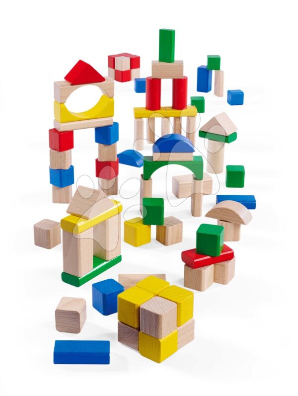 Dřevěné kostky barevné a přírodní Wooden Blocks 75 Years Eichhorn 76 kusů průměr 25 mm od 12 měsíců