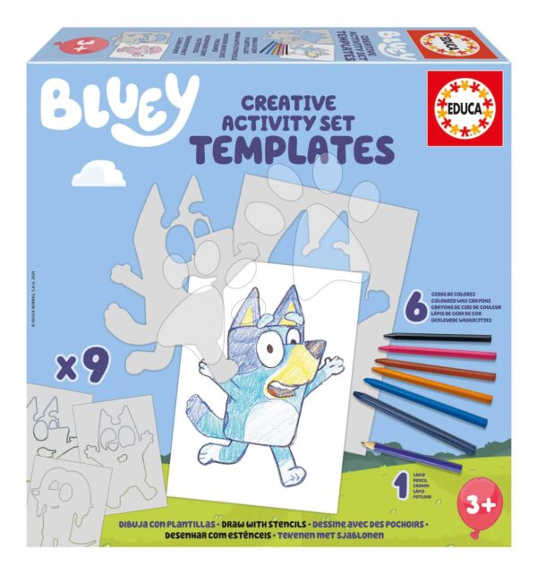 Kreatívne tvorenie Stencil Bluey Activity Set Educa vyfarbi si psíka Bluey so 6 farebnými voskovkami 8 rôznych modelov od 24 mes EDU19886