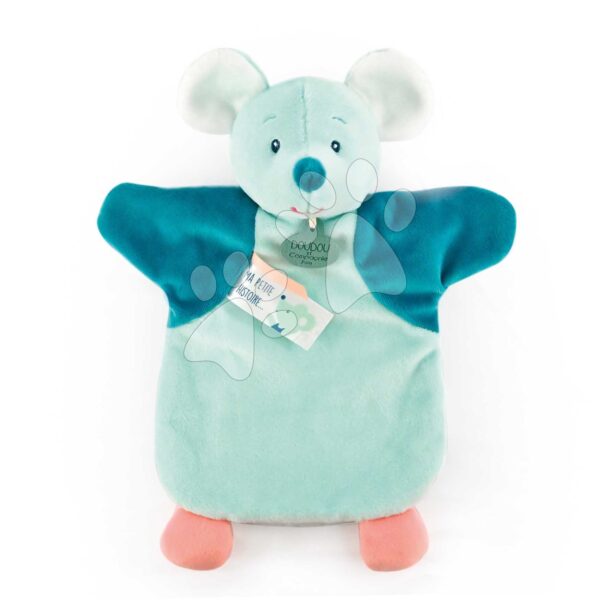 Plyšová myška na bábkové divadlo Mouse Green Hand Puppet Doudou et Compagnie tyrkysová 25 cm od 0 mes DC4005