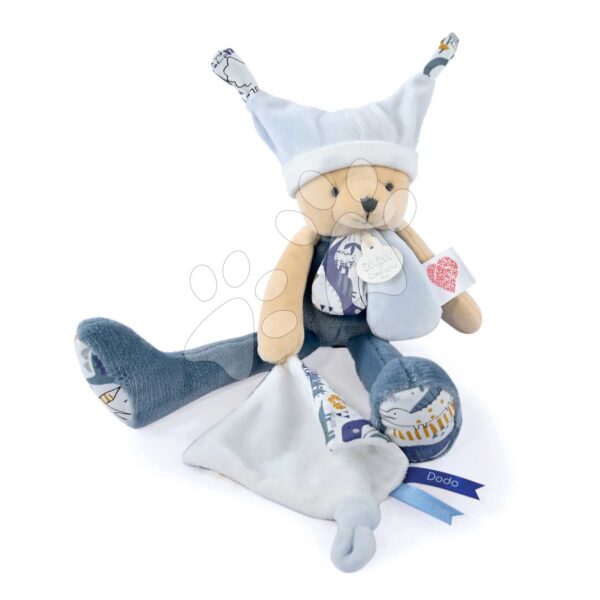 Plyšový medvedík s handričkou Plush Bear Blue Doudou et Compagnie s QR kódom na rozprávky modrý 35 cm od 0 mes DC4062