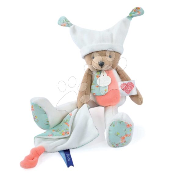 Plyšový medvedík s handričkou Plush Bear White Doudou et Compagnie s QR kódom na rozprávky biely 35 cm od 0 mes DC4060