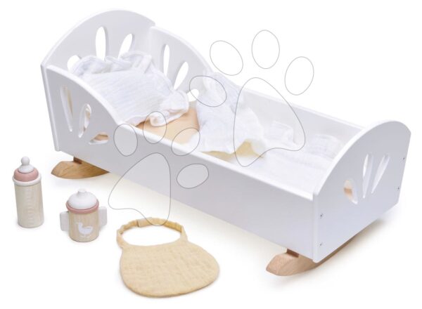 Dřevěná kolébka Labuť Sweet Dreams Dolly Bed Tender Leaf Toys pro 36 cm panenku s textilním polštářem a peřinkou