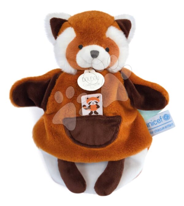 Plyšová panda na loutkové divadlo Red Panda Hand Puppet Unicef Collection Doudou et Compagnie v dárkovém balení červená 25 cm od 0 měsíců