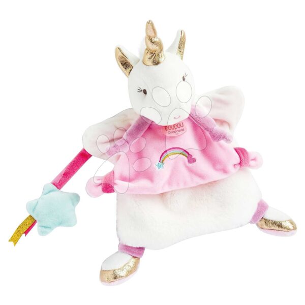 Plyšový jednorožec na loutkové divadlo Unicorn Hand Puppet Doudou et Compagnie růžový 25 cm od 0 měsíců