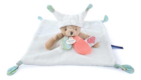 Plyšový medvídek k mazlení White Bear Flat Comforter Doudou et Compagnie s QR kódem na pohádky bílý 25 cm od 0 měsíců