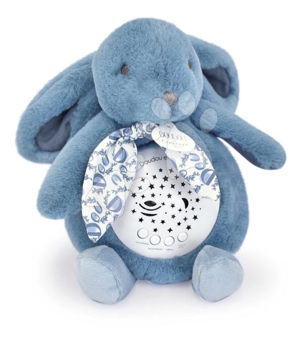 Plyšový zajíček Musical Night Light Star Projector Blue Doudou et Compagnie se světlem hudbou a bílým šumem modrý 19 cm od 0 měs