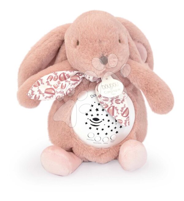 Plyšový zajíček Musical Night Light Star Projector Pink Doudou et Compagnie se světlem hudbou a bílým šumem růžový 19 cm od 0 měs